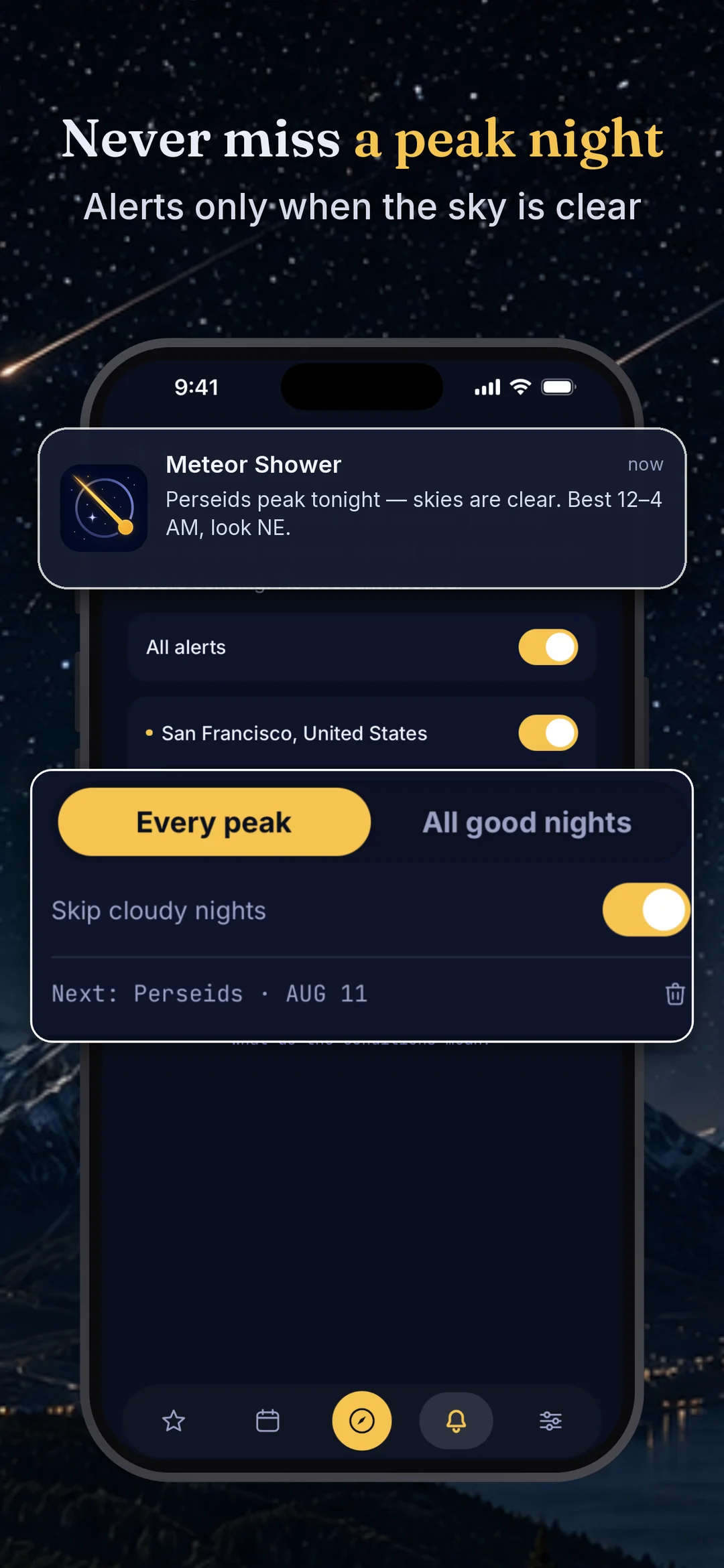 A peak-night alert: “Perseids peak tonight — skies are clear. Best 12–4 AM, look NE.”